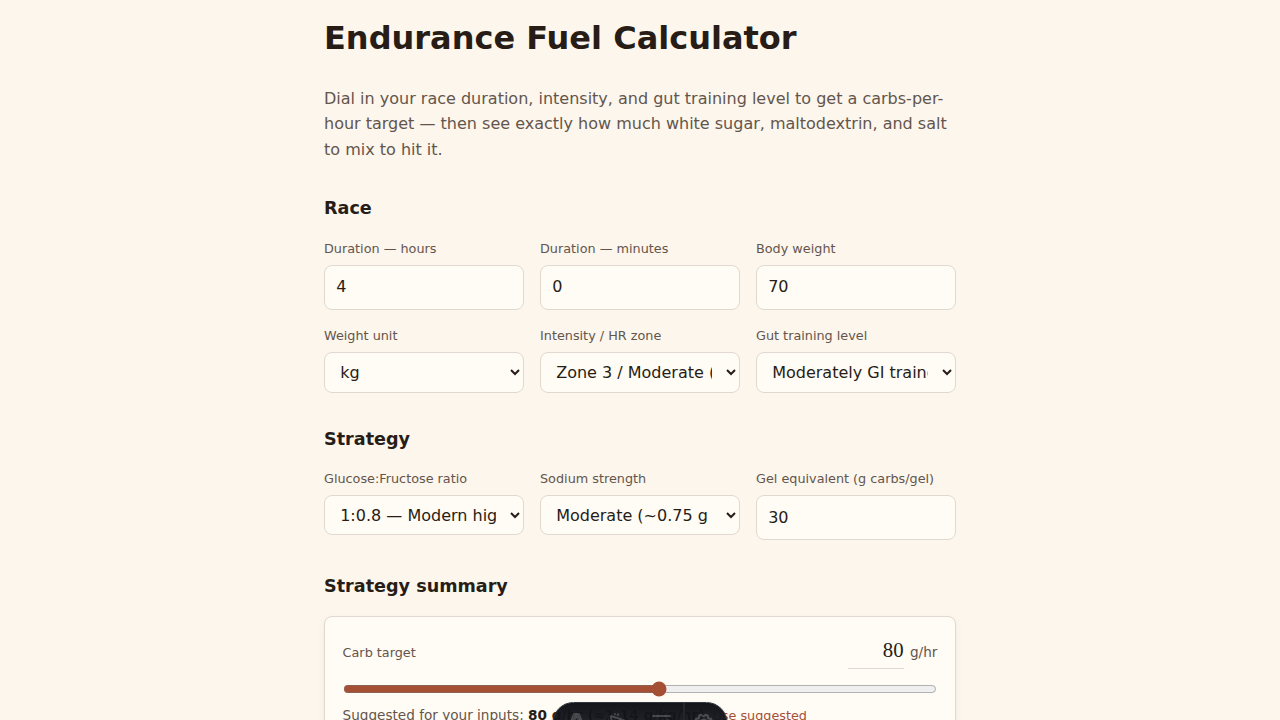Endurance Fuel Calculator — race duration, intensity, and gut training inputs with a carb target slider