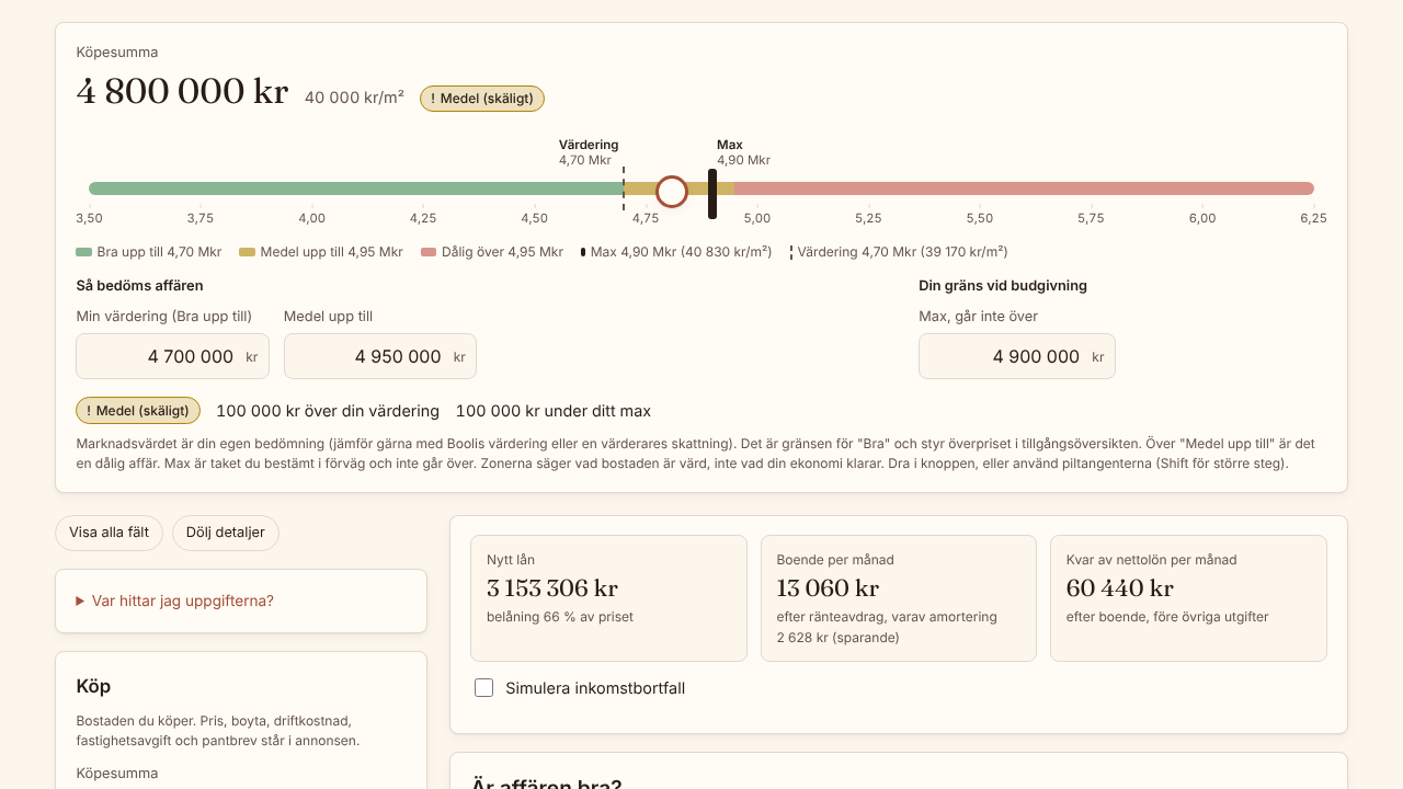 Husköpskalkyl — price slider with good, fair and overpriced zones above the input groups and results