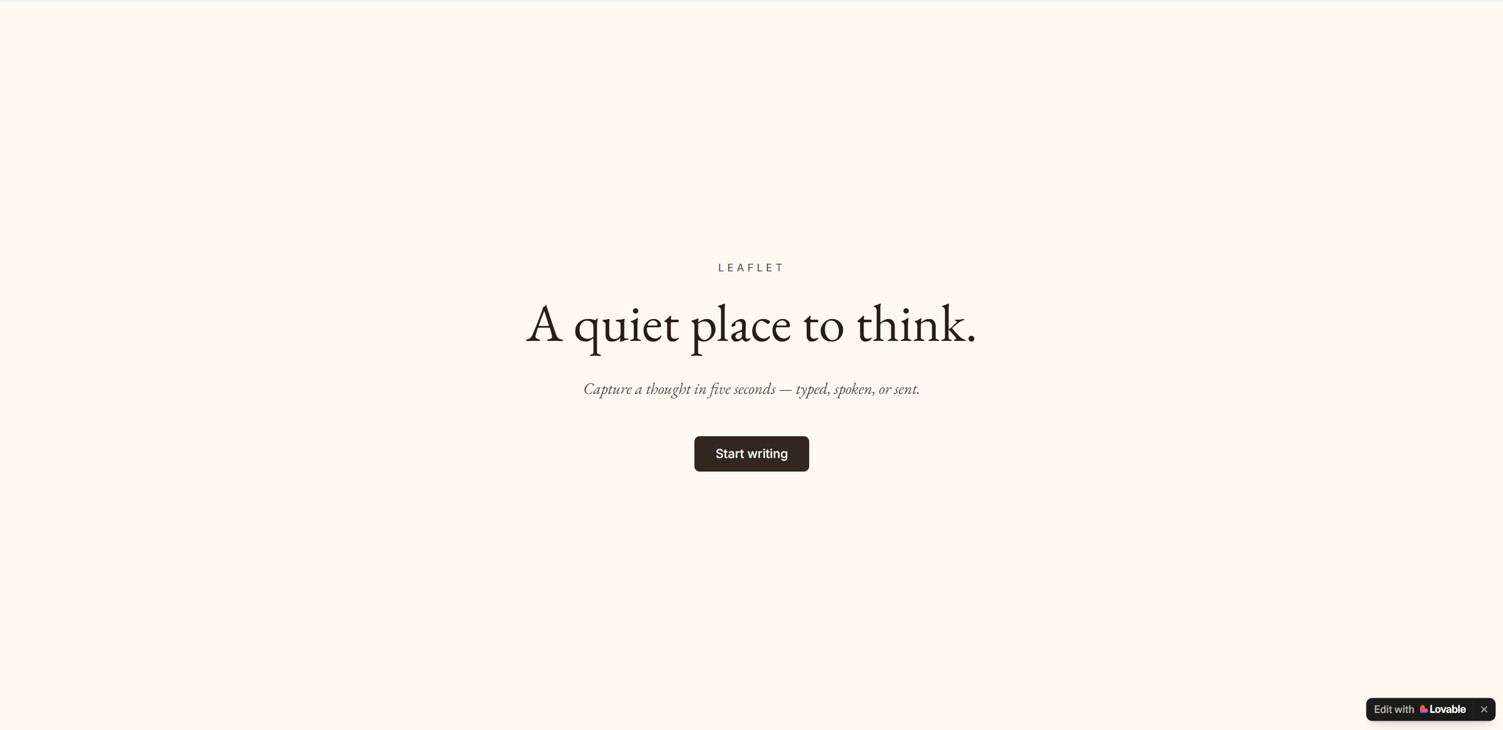Leaflet landing page — "A quiet place to think." with a Start writing button
