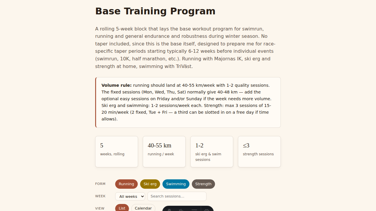 Base Training Program — weekly volume summary and a filterable, discipline-tagged session list